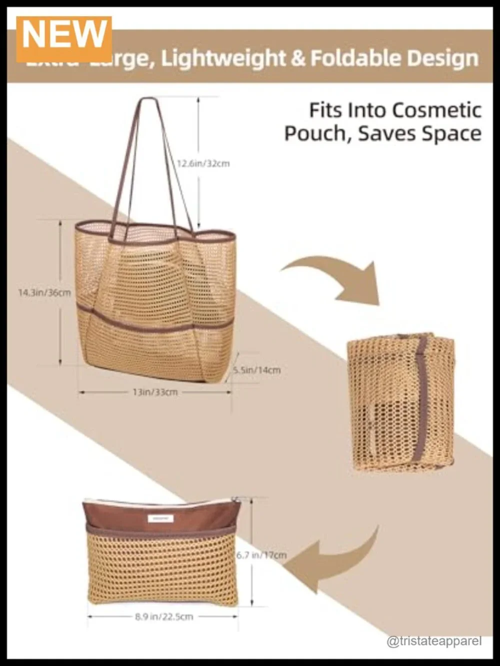 2-in-1 Packable Mesh Beach Tote with Multiple Pockets, Foldable Travel Bag